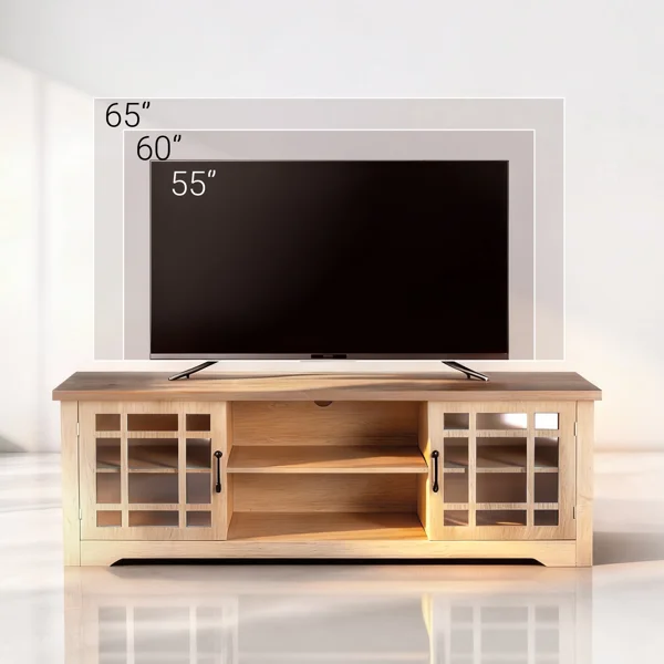 57.87 Inch TV Stand with Deep Brown Top & Natural Wood Cabinet - Double Glass Door Media Console, Laminate Particle Board Entertainment Center for TVs Up to 65 Inches
