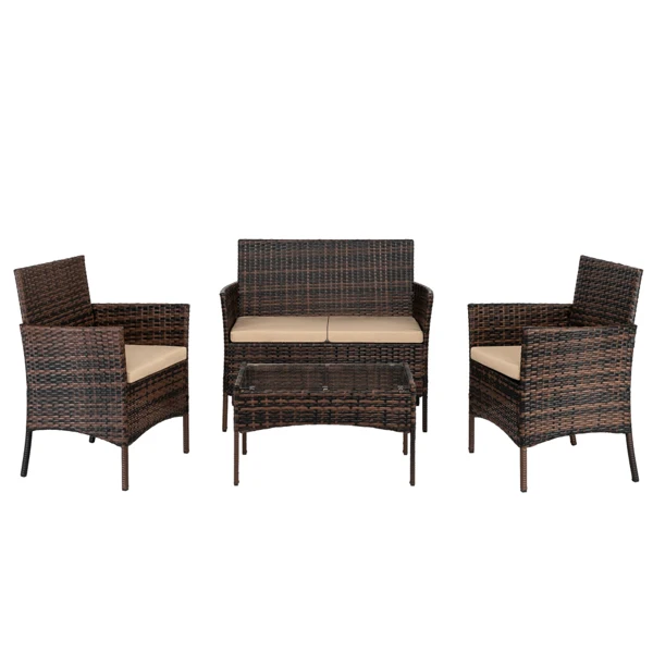 2pcs Arm Chairs 1pc Love Seat & Tempered Glass Coffee Table Rattan Sofa Set Brown Gradient view 2
