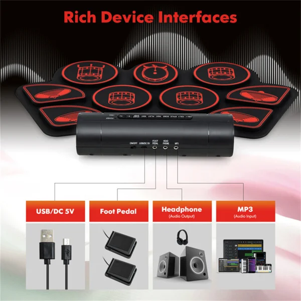 9-Pad Electric Drum Set for Beginners, MIDI USB Connection Dual Stereo Speakers Black+Red view 5
