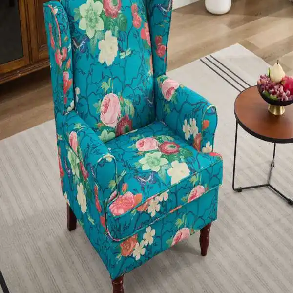 Modern Accent Chair with Retro Wood Legs, Comfy Upholstered Armchair, Floral Design Single Sofa Chair for Living Room Bedroom Office - Floral Cyan view 5