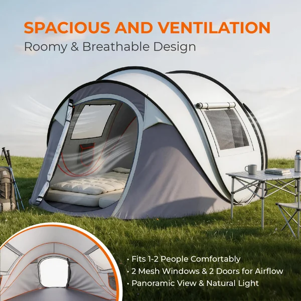 4 Person Pop Up Tent for Camping, Waterproof Instant Family Tent with Front Awning, Automatic Tent Throw Pop Up Instant Flip Pop Tent for Camping, Light Gray view 4