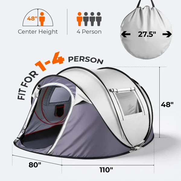 4 Person Pop Up Tent for Camping, Waterproof Instant Family Tent with Front Awning, Automatic Tent Throw Pop Up Instant Flip Pop Tent for Camping, Light Gray view 6