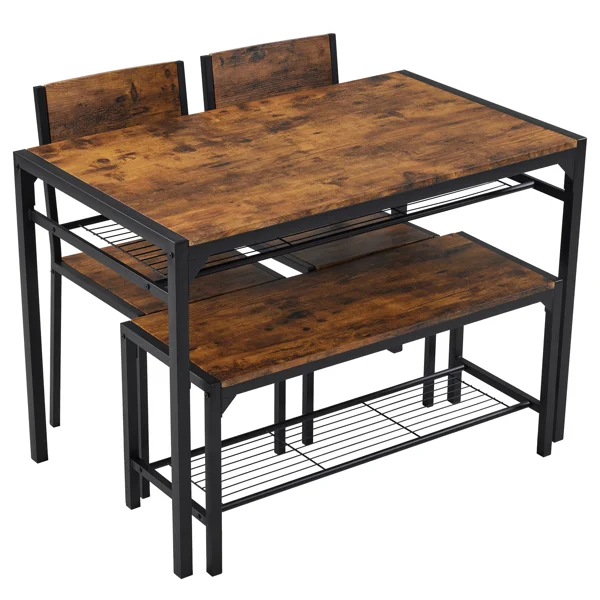 Dining Table Set for 4, Kitchen Table with 2 Chairs and a Bench, 4 Piece Kitchen Table Set for Small Space, Home Kitchen Bar Pub Apartment, Rustic Brown view 3