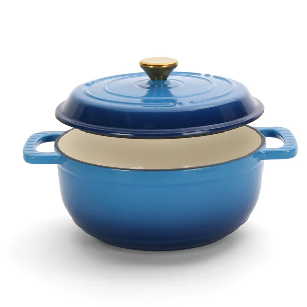 Cast iron 5QT cooking pot - Gradient blue - Includes two silicone gloves - Enamel pot view 3