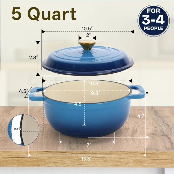 Cast iron 5QT cooking pot - Gradient blue - Includes two silicone gloves - Enamel pot view 6