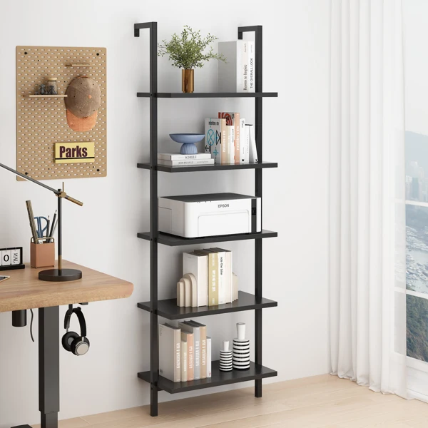 5-layer wall-mounted household steel-wood shelf, density board, iron frame, 61*30.5*182.88cm, black walnut color board, black frame