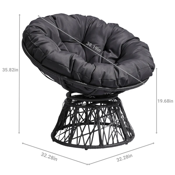 38" Ergonomic Swivel Wicker Papasan Chair with Thick Tufted Cushions, 360 Degree Rotatable Chairs for Living Room Bedroom Reading Room, Gray Cushion view 3