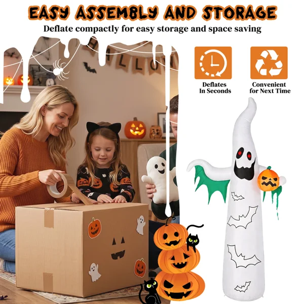 12ft Inflatable Halloween Decor with Flashing Bats & White Ghosts, 4 LED Lights + 82 String Lights, White & Green, 12V 1500mA US Power Adapter view 2