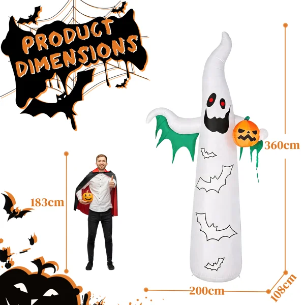 12ft Inflatable Halloween Decor with Flashing Bats & White Ghosts, 4 LED Lights + 82 String Lights, White & Green, 12V 1500mA US Power Adapter view 3