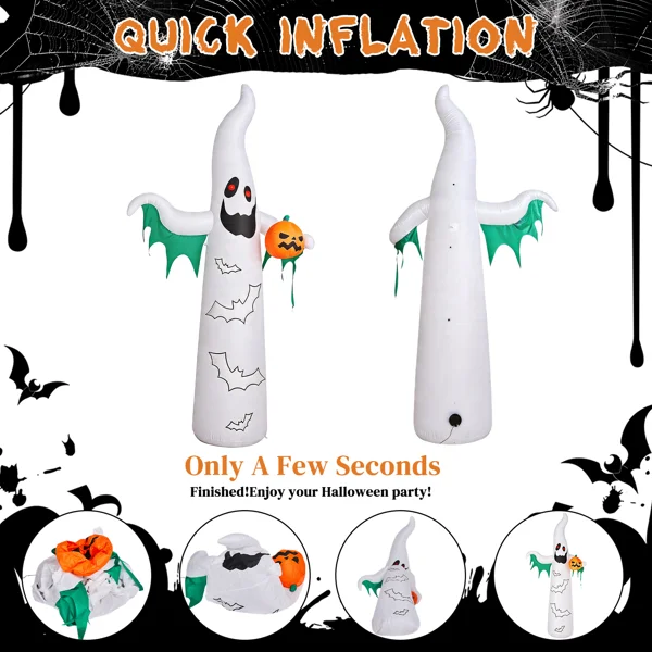 12ft Inflatable Halloween Decor with Flashing Bats & White Ghosts, 4 LED Lights + 82 String Lights, White & Green, 12V 1500mA US Power Adapter view 5