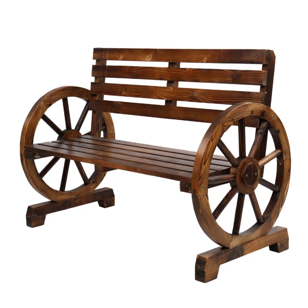Rustic 2-Person Wooden Wagon Wheel Bench with Slatted Seat and Backrest, Brown view 2