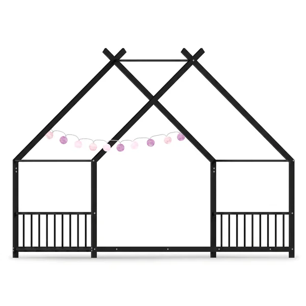 Black House Shaped Twin Size Kids Metal Bed with Side Rails, Platform Bed No Box Spring Needed, Safe & Sturdy Metal Frame for Kids Toddlers, US Standard Size