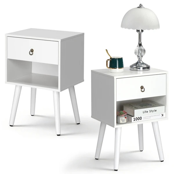 White P2 particleboard with solid wood legs, linen-textured melamine finish, and ring pull handle. 38*30*55cm. One drawer with a lower compartment. Bedside table. 1PC view 4