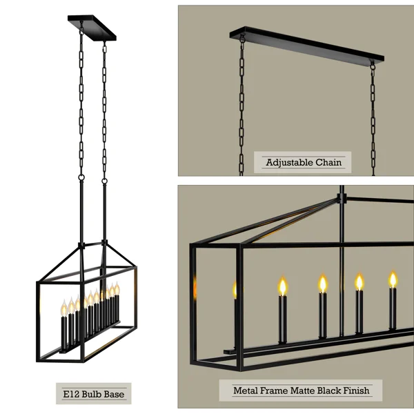 10 Lights Farmhouse Black Chandelier Rectangular Linear Pendant Lighting for Dining Room Kitchen Island view 6