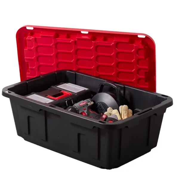(Pack of 4) 17 Gallon Medium Storage Bin Low Profile with Snap Lid, Black and Red, Heavy Duty Plastic Storage Container view 4
