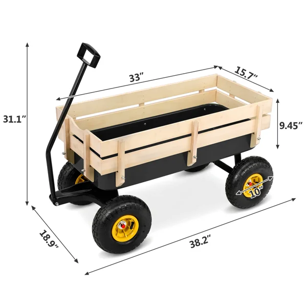Heavy Duty Steel Wooden Side Support Cargo Wagon with 10" All-Terrain Air Tires, Up to 220lb Load Capacity, for Towing Kids Toys, Gardening Supplies, Black view 2