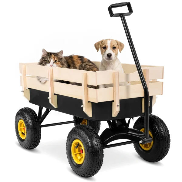Heavy Duty Steel Wooden Side Support Cargo Wagon with 10" All-Terrain Air Tires, Up to 220lb Load Capacity, for Towing Kids Toys, Gardening Supplies, Black view 3