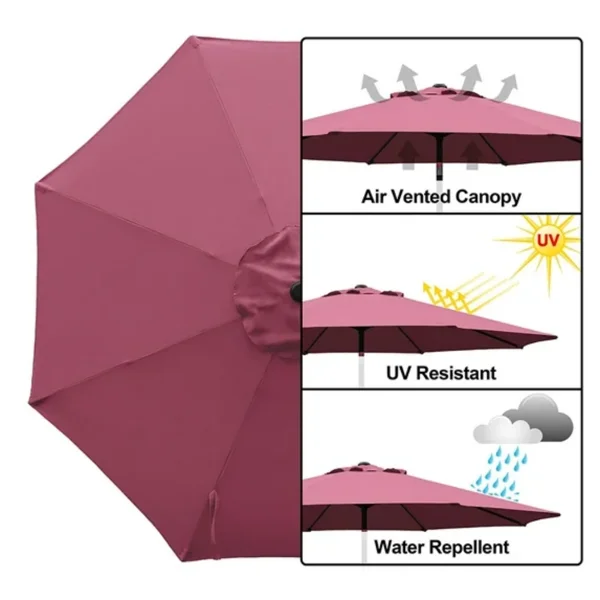 Outdoor 9ft Patio Umbrella with Crank Handle and Push Button Tilt, Outdoor Market Umbrella with 8 Ribs - Burgundy view 5