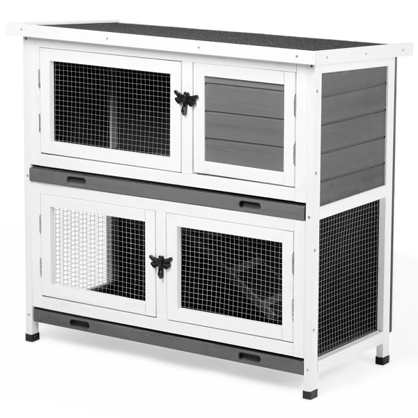2 Story Solid Wood Rabbit Hutch Bunny Cage with 2 Large Main Rooms, Indoor Outdoor Rabbit House Guinea Pig Cage Pet House for Small Animals with 2 Removable Trays, Grey view 3