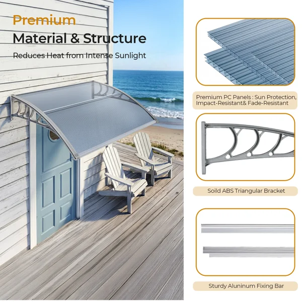 Awning for Door Entrance Window, 38x40 Inch Window Canopy Exterior, UV Rain Snow Protection for House Porch Patio Deck, Gray Bracket & Gray Blue Board view 6