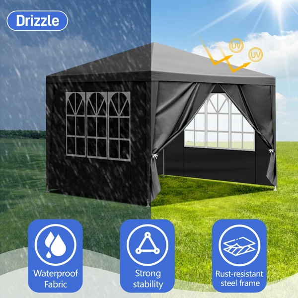 10×10ft Black Outdoor Canopy Gazebo with 4 Removable Side Panels, 2 Zipper Doors and 2 Mesh Windows, Heavy Duty PE Cloth, Powder Coated Iron Pipes for Backyard Party Camping view 2
