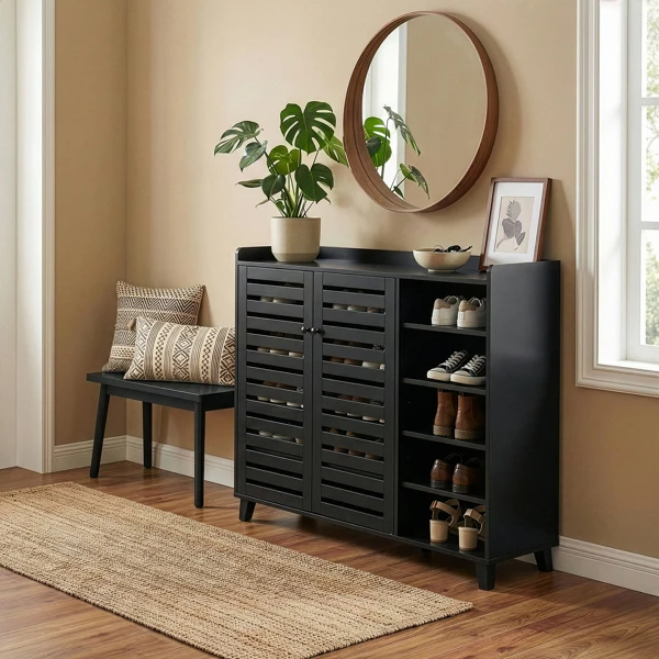 Shoe cabinet with 2 doors, 5 open compartments, and a tabletop with a back panel; made of MDF; 116*35.5*107cm; black view 2