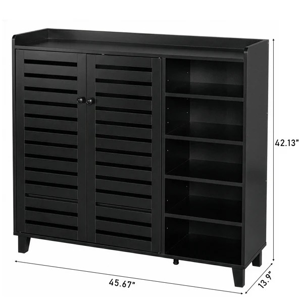 Shoe cabinet with 2 doors, 5 open compartments, and a tabletop with a back panel; made of MDF; 116*35.5*107cm; black view 3
