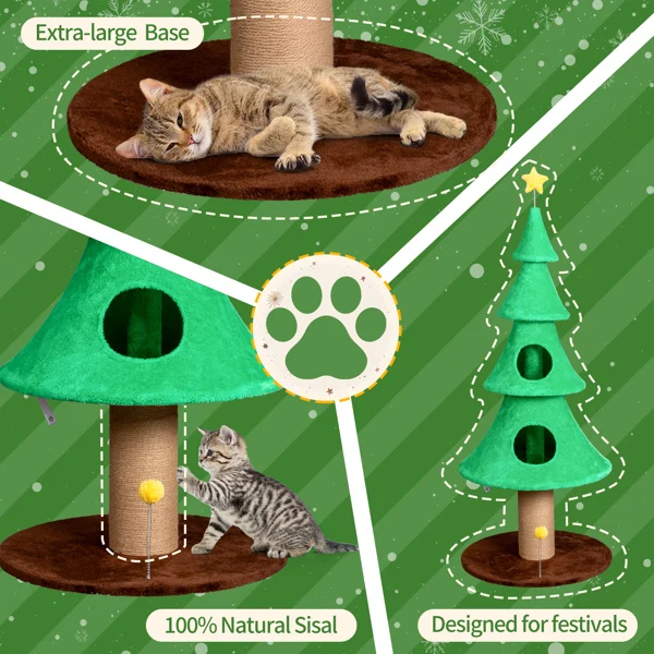 59in Large Tall Christmas Tree Cat Tower with 2 Cat Condos & Scratching Post, Soft Fleece Cat Tree with Teaser Toy & Sturdy Base & Built-in Openings for Indoor Cats, Green view 3
