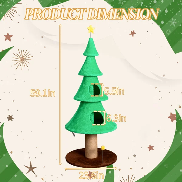 59in Large Tall Christmas Tree Cat Tower with 2 Cat Condos & Scratching Post, Soft Fleece Cat Tree with Teaser Toy & Sturdy Base & Built-in Openings for Indoor Cats, Green view 5