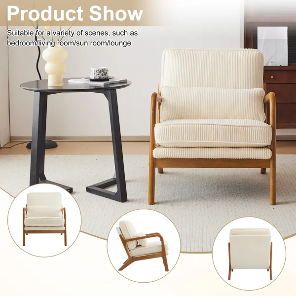 Low Arm Accent Chair - Off-White Corduroy Upholstered Indoor Lounge Chair, Compact Single Seater with Sturdy Frame (330LBS Weight Capacity) view 6