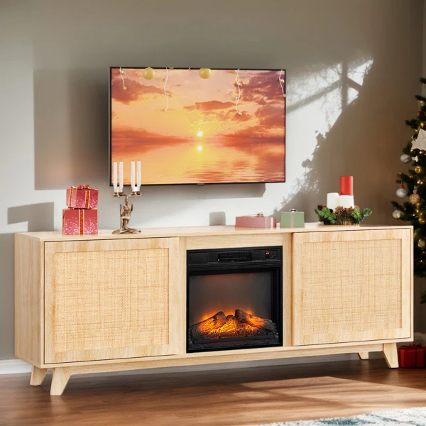 70" Oak Finish Low-Profile Fireplace TV Stand with 2 Doors & Rattan Front for 18" Insert view 6