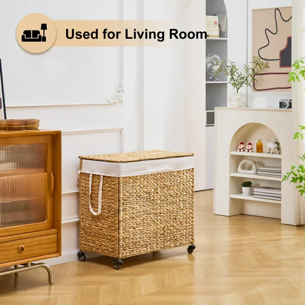 160L 3-Section Laundry Hamper with Lid and Wheels, Woven Natural Water Hyacinth Rolling Laundry Hamper view 6