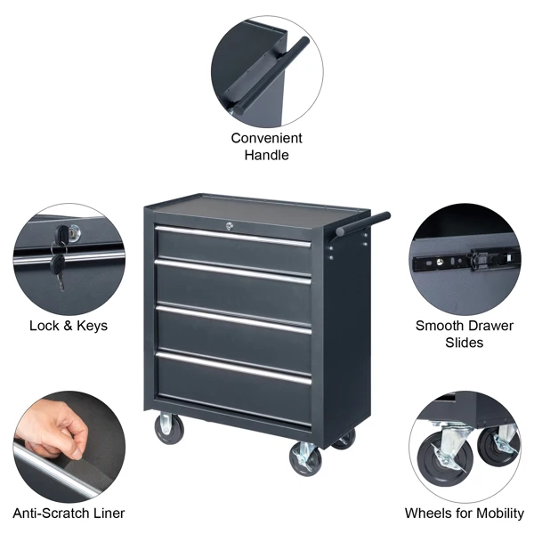 Single-bottom cabinet 4-draw, steel, black 330lb instrument cart, storage room view 3