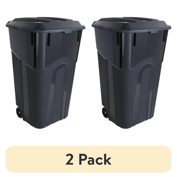 (2 pack)32 Gallon Wheeled Heavy Duty Plastic Garbage Can, Attached Lid, Black