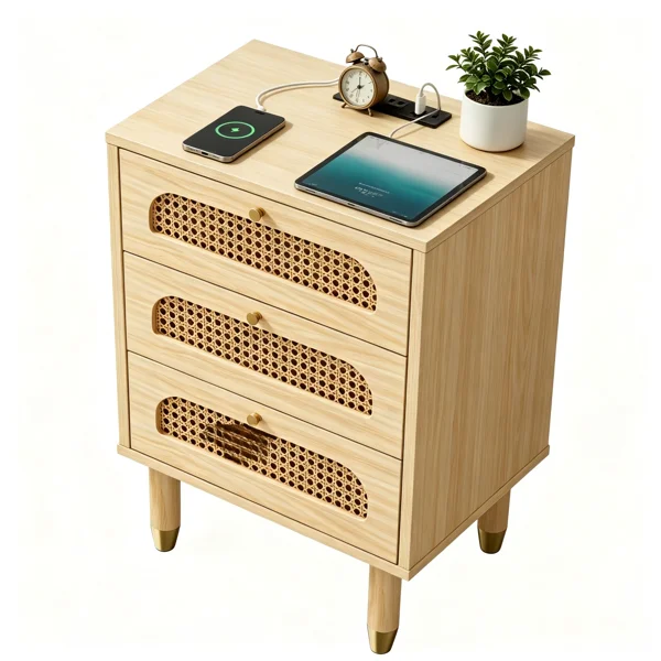 3-Drawer Nightstand with Rattan-Style Finish 15.75"*13.78"*23.82" with Power Outlet Oak view 4