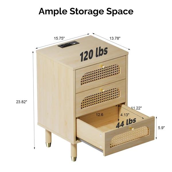 3-Drawer Nightstand with Rattan-Style Finish 15.75"*13.78"*23.82" with Power Outlet Oak view 5