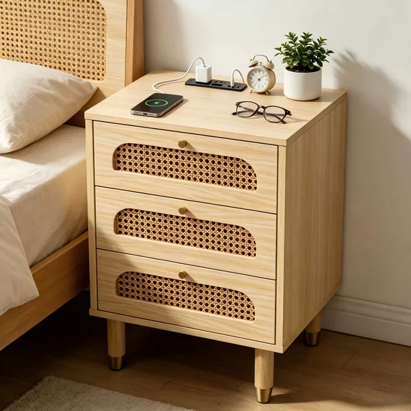 3-Drawer Nightstand with Rattan-Style Finish 15.75"*13.78"*23.82" with Power Outlet Oak
