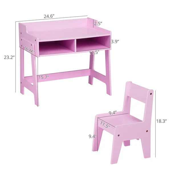 Kids Study Desk and Chair Set with Storage, Pink MDF, 60.5*41.5*50cm view 3