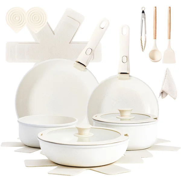 19-Piece Cookware Set, 5 Pots and 2 Lids, Removable Handles, Non-Stick Aluminum Pots and Pans, Microwave & Oven Safe, Dishwasher Safe, Cream White view 2