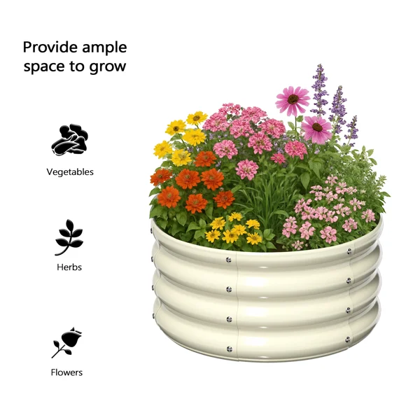 2 Pcs 2×2×1ft Raised Garden Bed, Round Galvanized Outdoor Planter Box, Metal Garden Bed for Planting Vegetables Fruits Flowers, White view 4