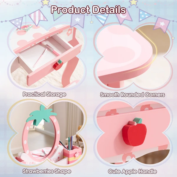 White MDF spray-painted 1-drawer 2-desktop storage box children's dressing table set with Apple print view 5