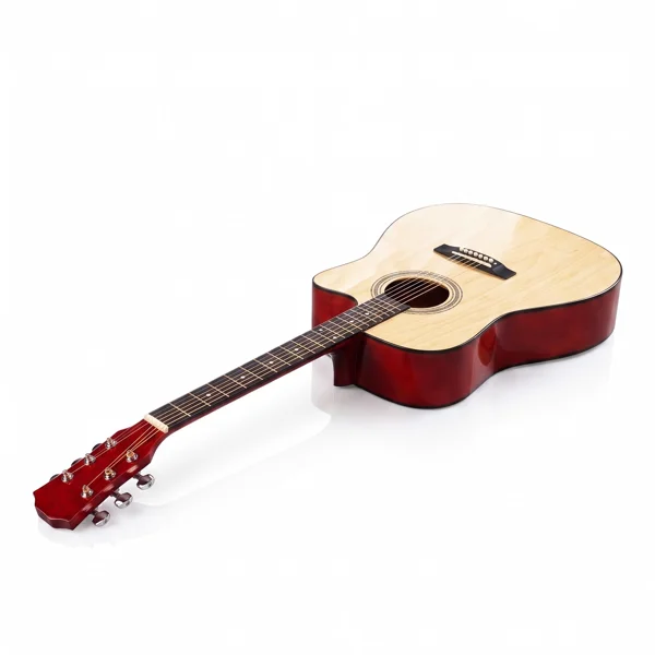Natural wood color 41-inch Dreadnought barrel-shaped cutaway acoustic guitar with pick, strings, capo, gig bag, tuner, wrench tool, and shoulder strap view 2
