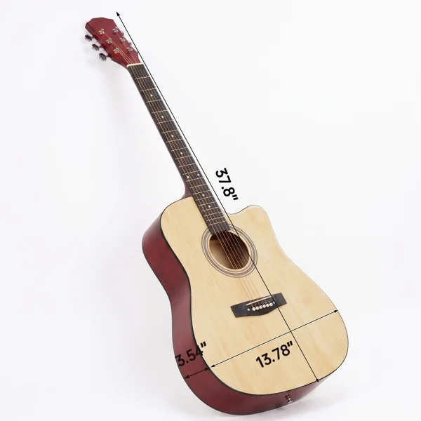 Natural wood color 41-inch Dreadnought barrel-shaped cutaway acoustic guitar with pick, strings, capo, gig bag, tuner, wrench tool, and shoulder strap view 4