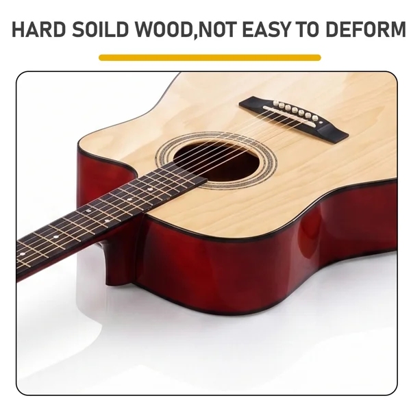 Natural wood color 41-inch Dreadnought barrel-shaped cutaway acoustic guitar with pick, strings, capo, gig bag, tuner, wrench tool, and shoulder strap view 6